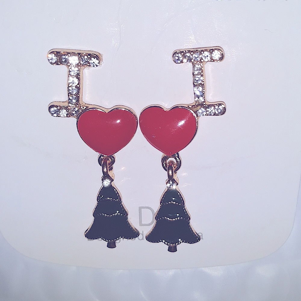 CUTE Holiday Crystal "I Love Christmas" Dangle Earrings NEW in package Nice Gift